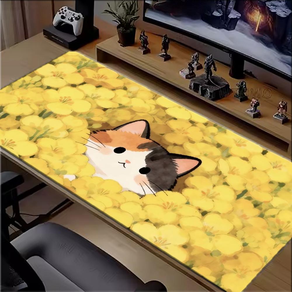 Pc Gaming Yellow - Schattige Calico Kat In Gele Bloemenzee